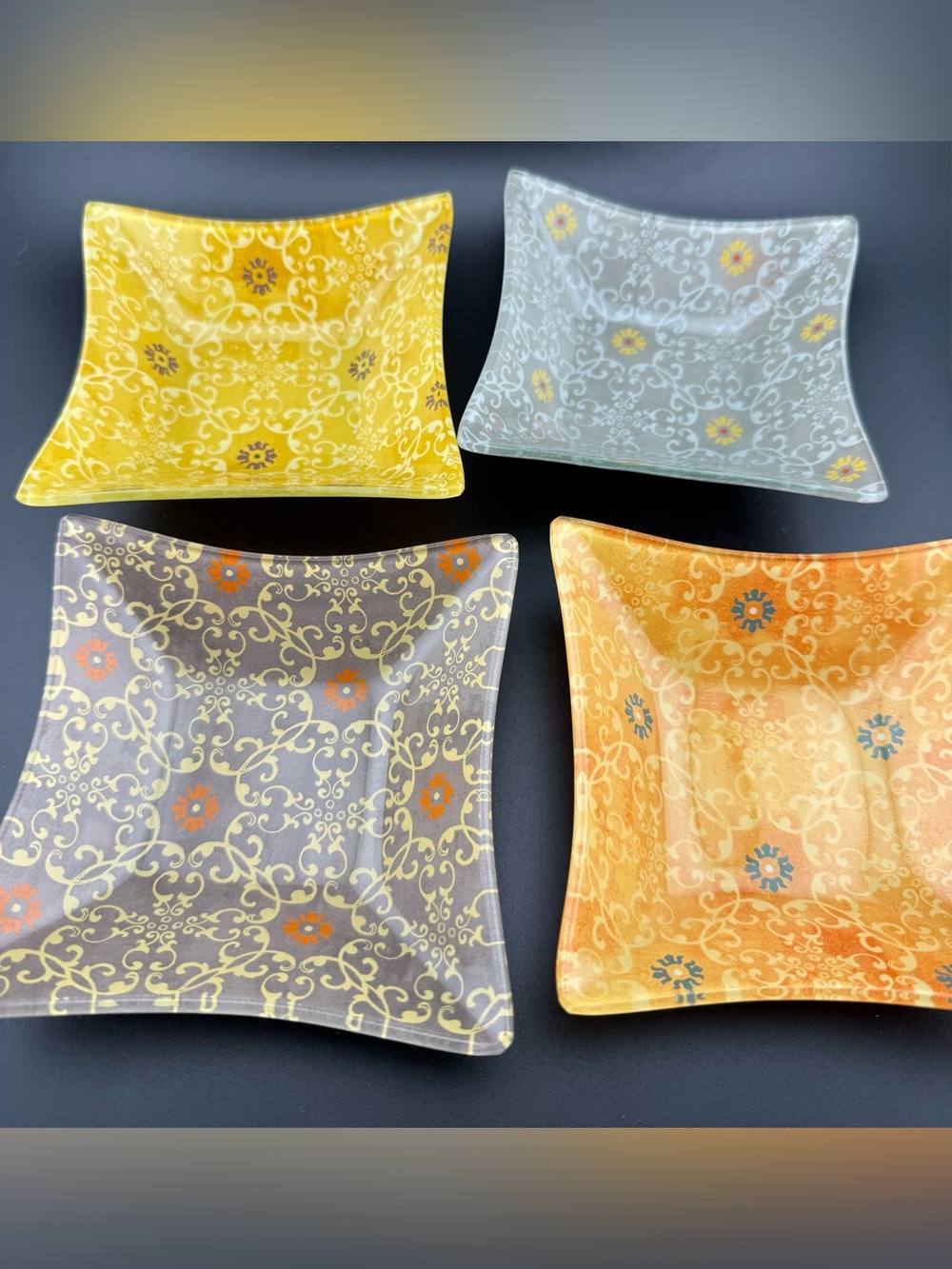 4 Prima Design square glass bowls delicate floral scroll patterns. 5”